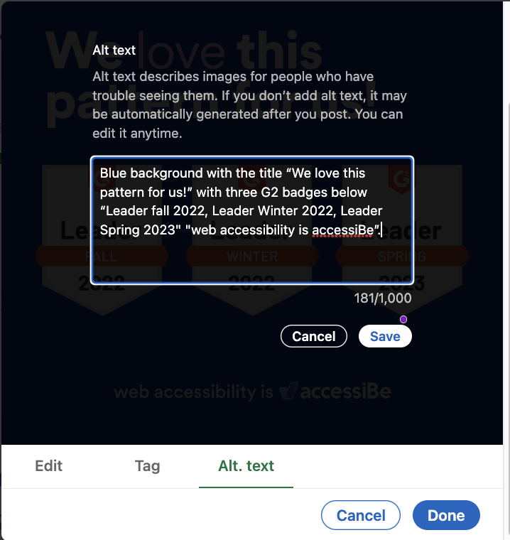 Blue background with title &ldquo;We love this pattern for us!&rdquo;, title written in white with the word &ldquo;love&rdquo; highlighted in pink. Below it, three G2 badges &ldquo;Leader Fall 2022, Leader Winter 2022, Leader Spring 2023&rdquo;. Below it &ldquo;web accessibility is&rdquo;, logo accessiBe on LinkedIn